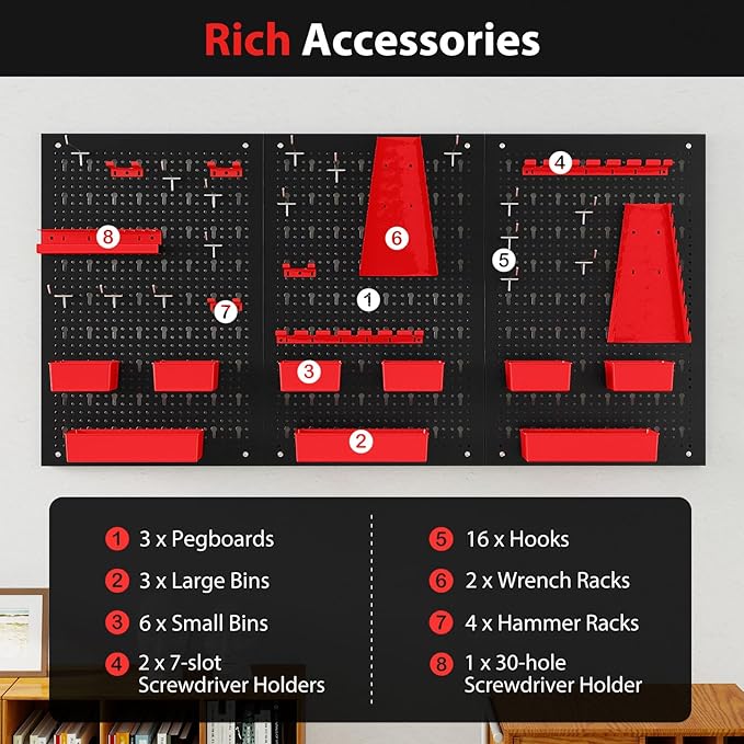 Goplus Pegboard Wall Organizer, 9-Bin Parts Rack Organizer w/Hammer Racks, Tool Holders & Hooks, Heavy-Duty Utility Tool Stor