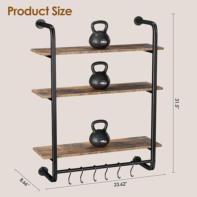 3 Tier Industrial Pipe Shelving, 24" Kitchen Shelves Wall Mounted with 6 Hooks, Coffee Bar Shelves Display Bookshelf Wall She