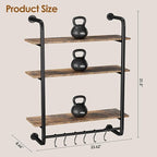 3 Tier Industrial Pipe Shelving, 24" Kitchen Shelves Wall Mounted with 6 Hooks, Coffee Bar Shelves Display Bookshelf Wall She