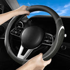Leather Splicing Black White Car Steering Wheel Cover,14.5-15 Inch Universal Microfiber Leather Covers Breathable Anti-Slip O