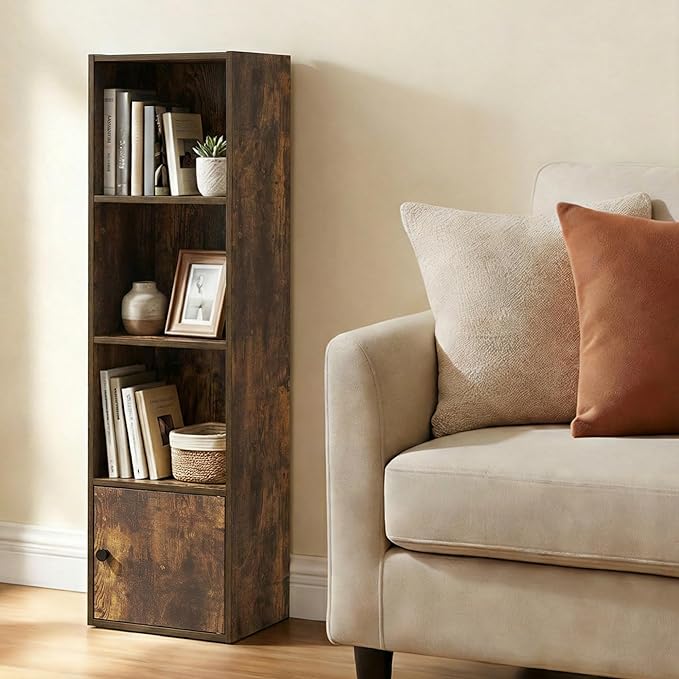 Furinno LUDER Book Shelf, 4-Tier Bookshelf with Open Shelf, Standing Bookcase with 1 Door Cabinet, 9.3 x 12 x 41.8, for Organ