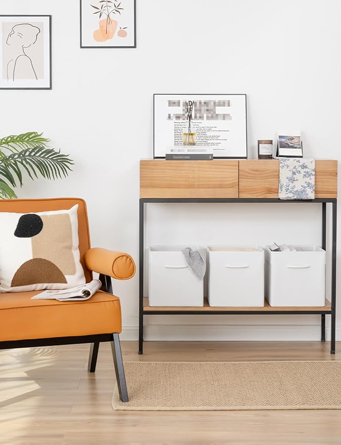 StorageWorks White Storage Cubes, 11-inch Leather Bins with Handle, Cube Organizer Baskets for Shelves and Closet, Collapsibl