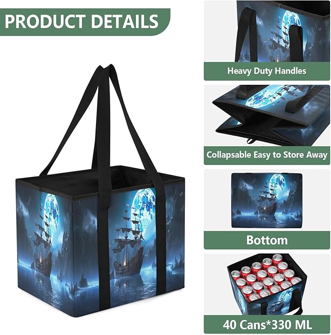 Pirate Ship Reusable Grocery Bags Large Shopping Tote Bag with Reinforced Bottom Board, Water Resistant Foldable Storage Bags