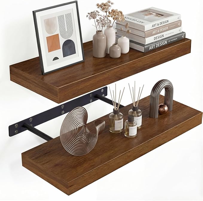 INHABIT UNION Walnut Floating Shelves for Wall, 24 in Wall Mounted Shelves Perfect for Bedroom, Bathroom, Living Room and Kit