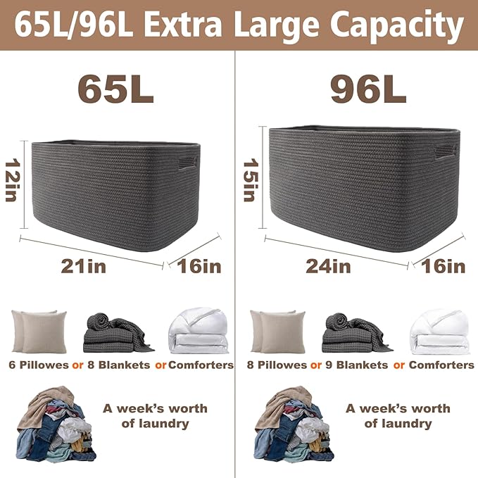 JMvicyroam Woven Blanket Basket,65L Large Storage Bin for Blankets Toys Clothes,Decorative Rope Basket for Living Room Bedroo
