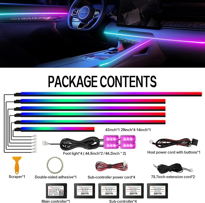 Dreamcolor Acrylic Interior Car Light 10 in 1 Automotive Ambient Light Kits with APP Control 16 Million Color 175 inches Fiber Optic Car LED Strip Light, RGB Music Sync Sound Activated Neon Light Kits