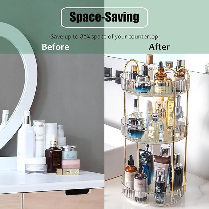 Rotating Makeup Organizer Countertop 3 Tier Lazy Susan Trays Clear Skincare Perfume Storage for Bathroom Counter Vanity, Tran