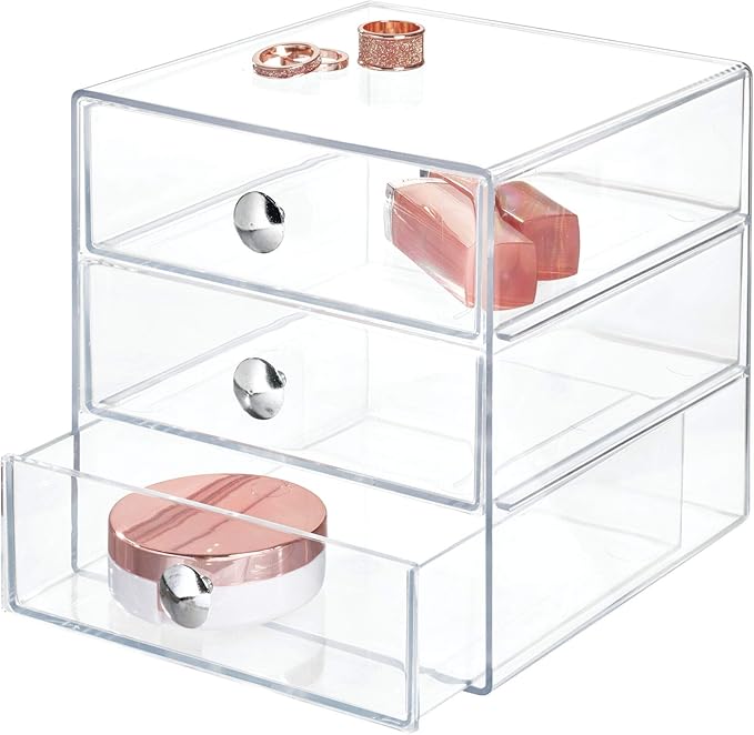 iDesign 3-Drawer Stackable Makeup Organizer - Clear Plastic Drawers for Bathroom, Vanity, or Desk