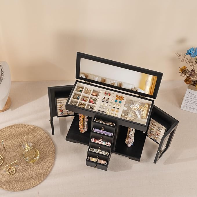 Miratino Jewelry Box for Women Girls, Wooden Jewelry Organizer Box with Mirror, 5 Layer Jewelry Storage Case Display for Neck