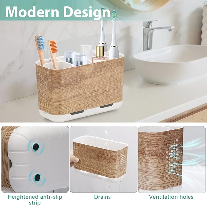 Boperzi Toothbrush and Toothpaste Holder Wood Grain for Bathroom Countertop with Adjustable Dividers, Toothpaste Caddy Organi