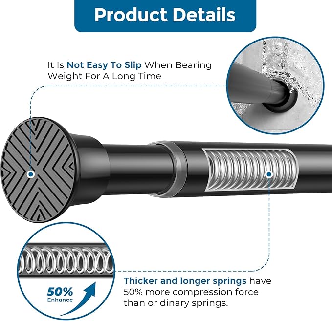 AIZESI 2Pcs Black Adjustable Tension Curtain Rod, 31-63 Inch Spring No Drill Stainless Steel Shower Rods for Bathroom，Closet 