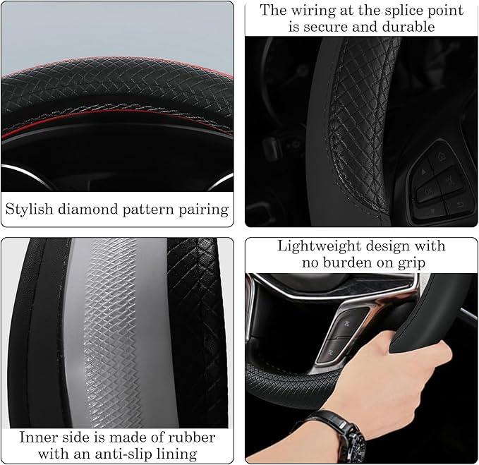 Black Car Steering Wheel Cover, Microfiber, Leather Patchwork, Universal 14.5-15 Inch Leather Anti-Slip Breathable Auto Steer