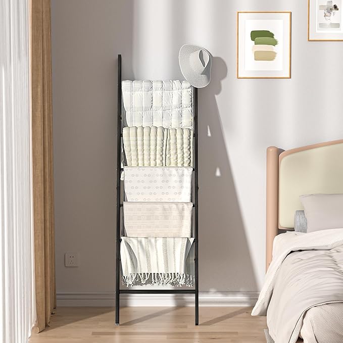 HONEST OUTFITTERS Blanket Ladders for The Living Room, 6-Tier Blanket Holder, Wall-Leaning Blanket Rack, Ladder Shelves, Wood