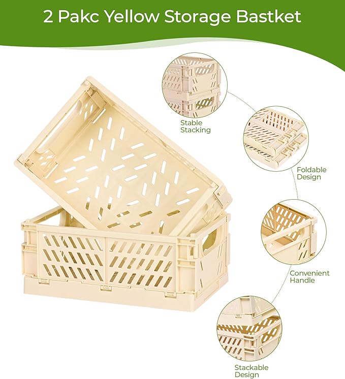 HUUSMOT 2-Pack Small Pastel Plastic Storage Baskets, Collapsible Crates for Organizing, Space-Saving Mini Bins for Classroom,