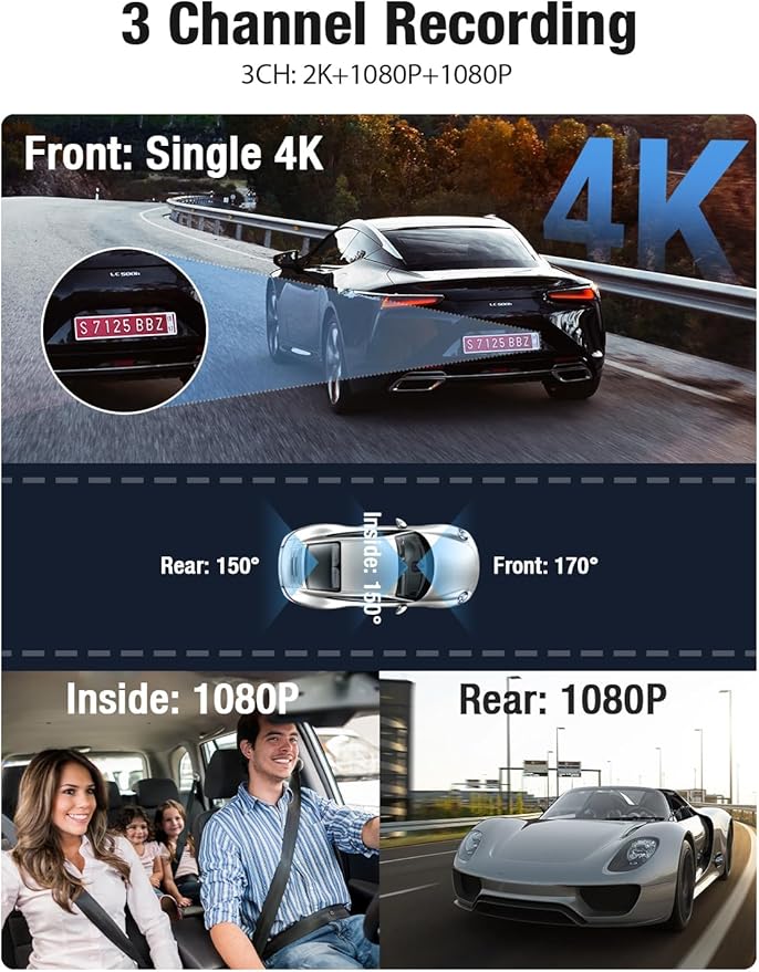 OMBAR Dash Cam 5G WiFi GPS, 3 Channel Dash Cam Front and Rear Inside 2K+1080P+1080P, 3.18" LCD Screen, 64GB Card Included, Du