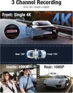 OMBAR Dash Cam 5G WiFi GPS, 3 Channel Dash Cam Front and Rear Inside 2K+1080P+1080P, 3.18" LCD Screen, 64GB Card Included, Du