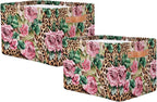 Leopard Print Floral Flower Storage Basket Collapsible Cloth Storage Cube Basket Bins Organizer with Handles Rectangular Larg