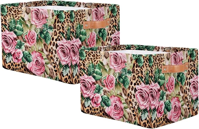 Leopard Print Floral Flower Storage Basket Collapsible Cloth Storage Cube Basket Bins Organizer with Handles Rectangular Larg