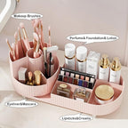 Pink Rotating Vanity Organizer with Brush Holder - Large Spinning Cosmetic Storage, Countertop Makeup & Skincare Organizer, P