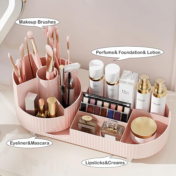 Pink Rotating Vanity Organizer with Brush Holder - Large Spinning Cosmetic Storage, Countertop Makeup & Skincare Organizer, P
