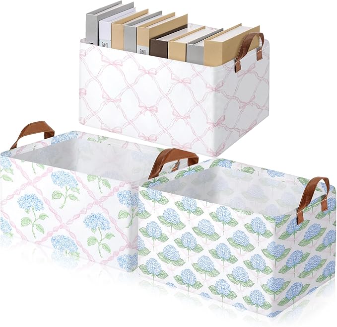 Boao 3 Pcs Watercolor Floral Storage Bin Wildflowers Collapsible Large Storage Baskets for Gifts Canvas Laundry Basket Foldab
