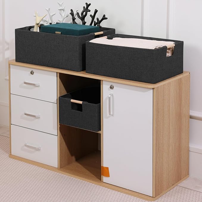 ANMINY 2PCS Storage Baskets for Organizing Collapsible Fabric Storage Bins Boxes with Wood Handles Closet Shelves Cube Organi