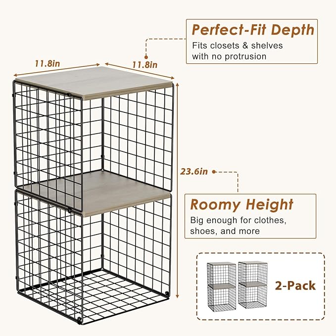 Hencawima 4-Tier Stackable Closet Organizers and Storage, Dual-Layer Reinforced Clothing Cube Shelves with Wood Tops, Sturdy 