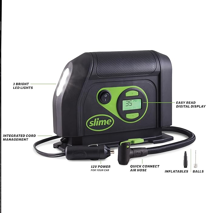 Slime 40088 Tire Inflator, Portable Car Air Compressor, Inflate Right automatic shut off, with Digital 99 psi Display, Long Hose and LED Light, 12V, 6 min inflation
