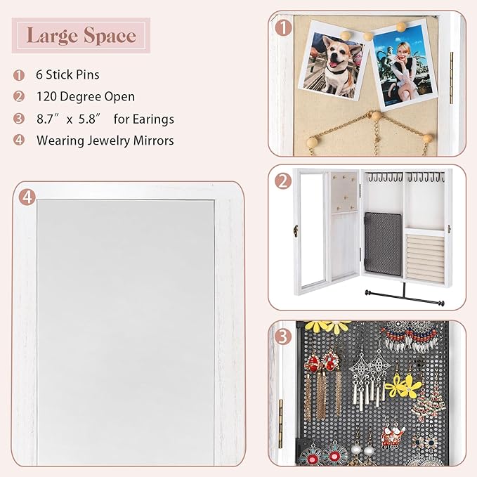 Keebofly Wall Jewelry Organizer Cabinet with Mirror,Rustic Wood Storage for Necklaces, Earrings, Bracelets & Rings, Large-Cap
