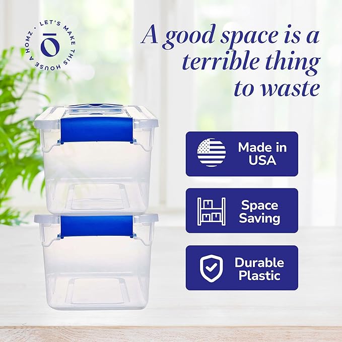 HOMZ 5-Pack Latching Lid, Clear Plastic Storage Organizer Bins, 7.5 Quart, Blue Latch - Stackable Organizing Containers for H
