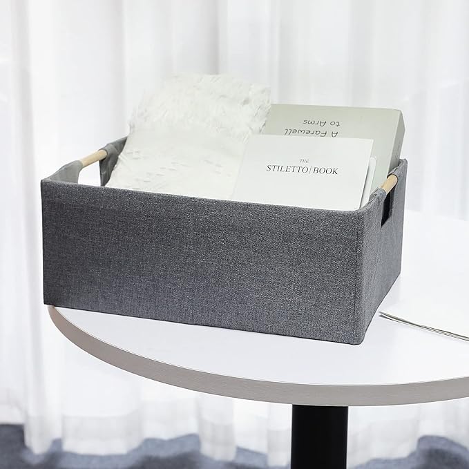 Fabric Storage Bin Box Foldable Cotton Linen Storage Basket with Wooden Handles Rectangular Cube Decorative Home Laundry Orga