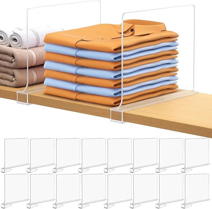 Aolloa 16 PCS Shelf Dividers for Closet Organization Acrylic Clear Closet Shelf Divider for Wooden Shelving Suitable for Wood