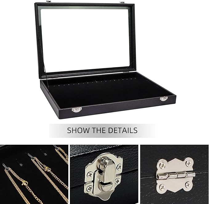 Wudygirl Necklace Organizer 20 Hooks Jewelry Organizer Jewelry Display Stackable Glass Top Lockable Black Velvet Boxes(Neckla
