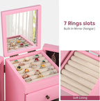 Meangood Jewelry Box Wood for Wowen, 5-Layer Large Organizer Box with Mirror & 4 Drawers for Rings, Earrings, Necklaces, Pink