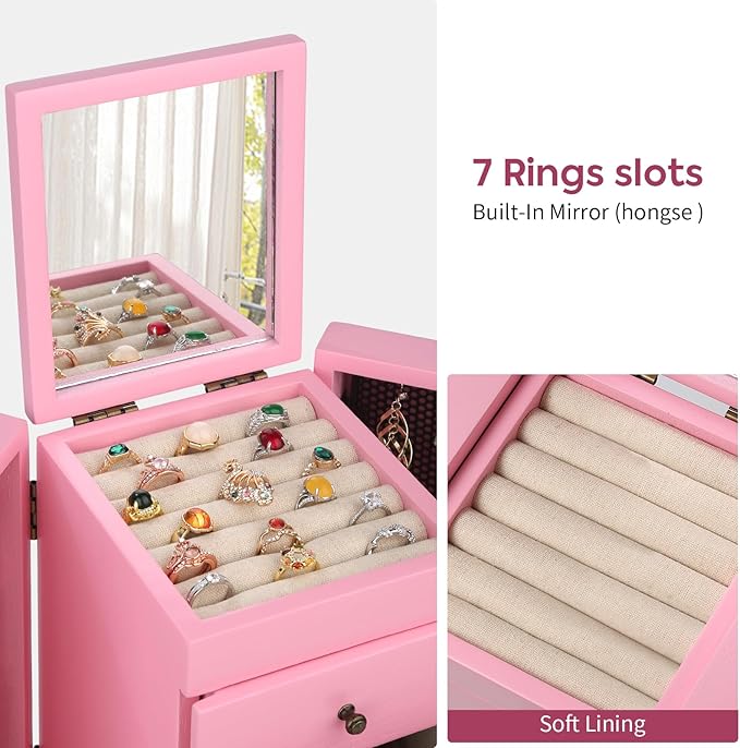 Meangood Jewelry Box Wood for Wowen, 5-Layer Large Organizer Box with Mirror & 4 Drawers for Rings, Earrings, Necklaces, Pink