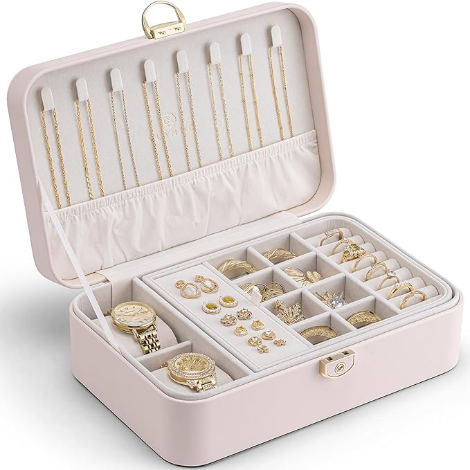 Vlando 2 Layer Jewelry Box,Jewelry Organizer Storage Lockable Earring Organizer Removable Jewelry Tray with Watch Pillow for 