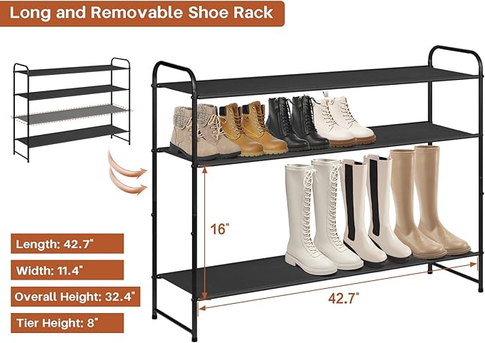 KIMBORA 4 Tier Long Shoe Rack for Closet Floor, Wide Shoe Shelf Storage Organizer 30-Pairs Stackable Sneaker Organizer for Cl