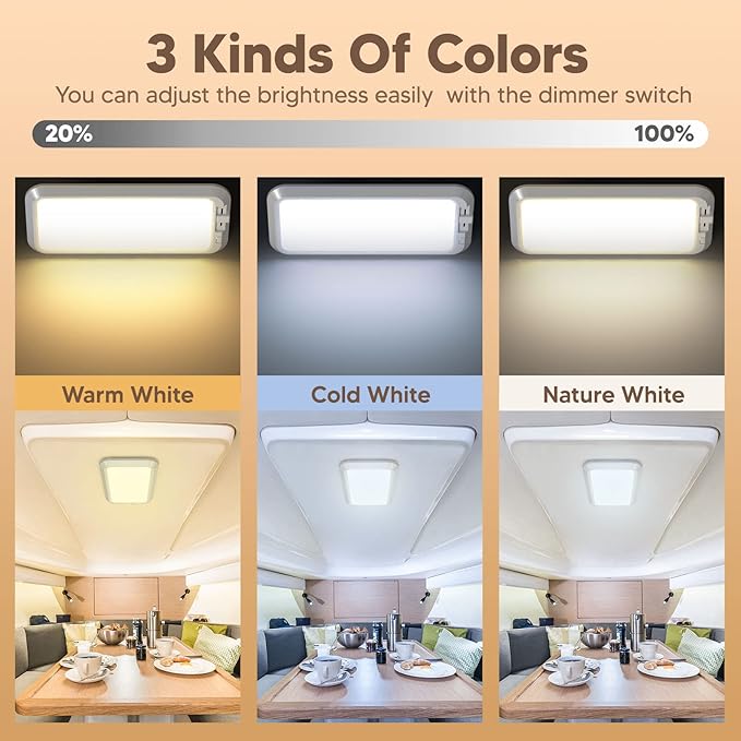 BlueFire 700LM Dimmable Sliding Brightness RV Ceiling Dome Lights, 7W DC10-30V Super Bright RV Interior LED Lights for RVs, Campers, Motorhomes, Trailer (3 Color TEM- 2PCS)