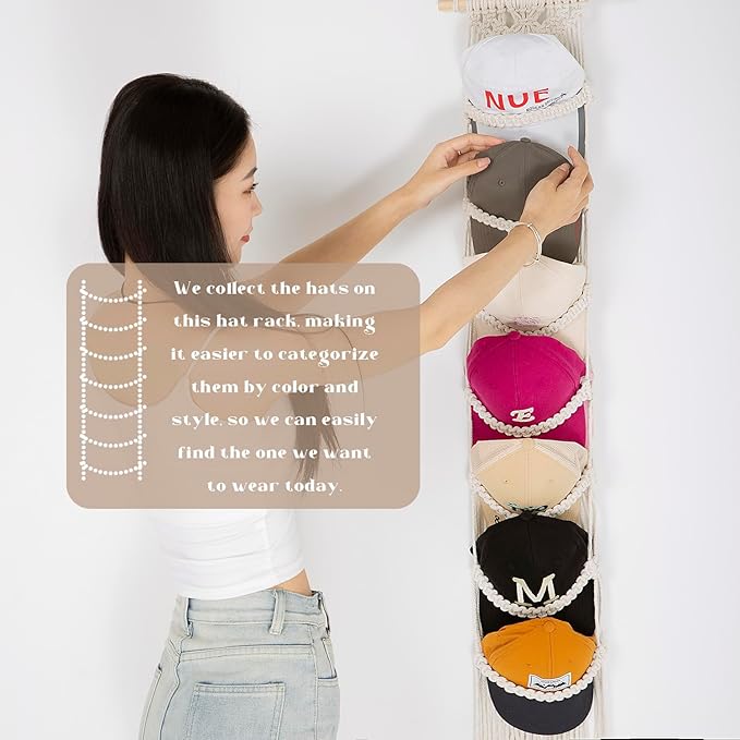 jontell Cap Holder-1 Pack Hat Organizer for Baseball Caps, Macrame Hat Rack for Wall, Cap Rack for Baseball Cap Display Boho 