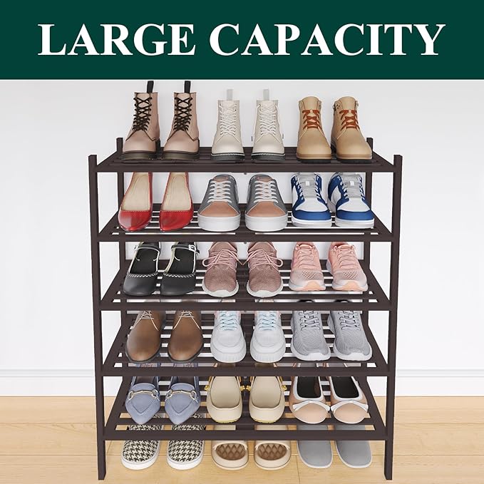 Smiry Bamboo Shoe Rack 5-Tier, Stackable Wooden Shoe Organizer for Entryway & Closet, Free Standing Wood Shoe Storage Shelf f