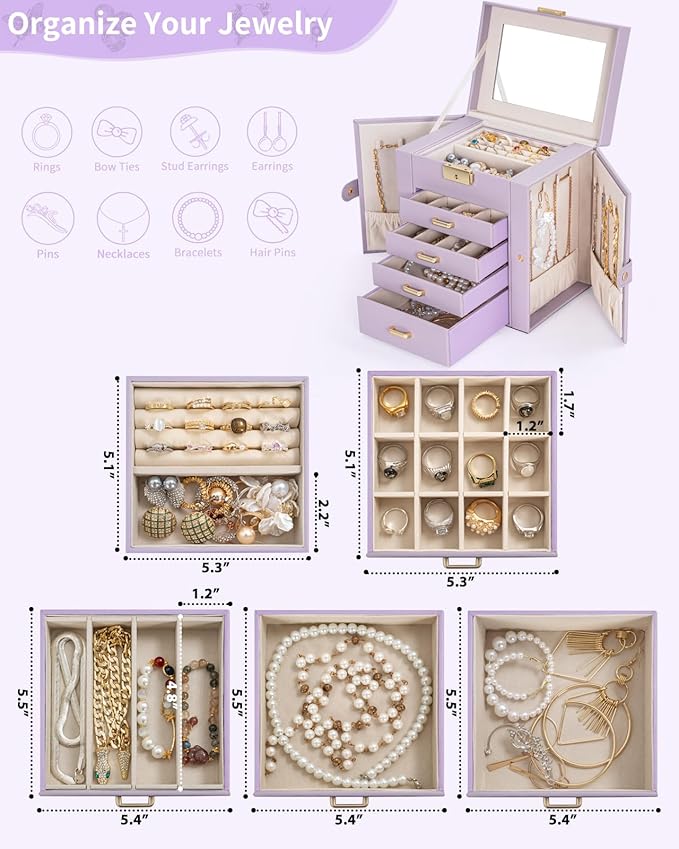 AKOZLIN 5-Tier Jewelry Box Leather Jewelry Storage Organizer with 4 Drawers Lockable for Women Girls Ring Necklace Earring Br