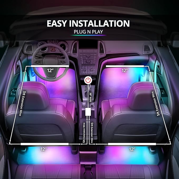 OPT7 Aura DreamColor RGB-IC LED Car Interior Light Strips, 4PC Interior Ambient Lighting Kit with APP & Remote Control, 12V Color Chasing Lights Universal for SUV Trucks Pickups Van, Easter Gifts