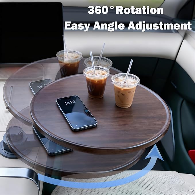 Car Tray for Eating & Laptop Desk - 360° Rotation Birch Wood Cup Holder/Steering Wheel Tray - Portable in-Car Dining & Work Desk, Universal Fit for Most Vehicles