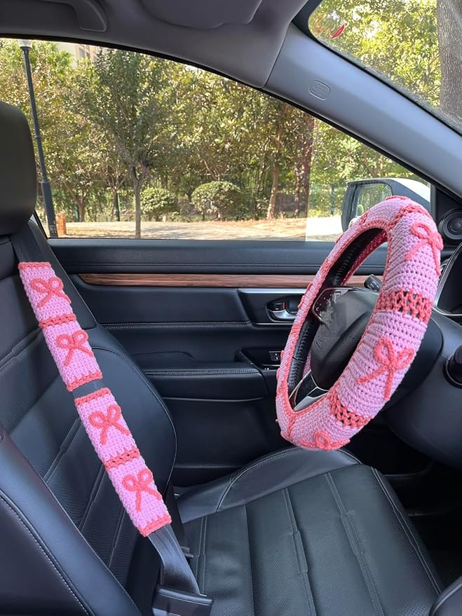 Handmade Crochet Pink Bow Car Steering Wheel Covers Universal 14-15 inch,Cute Steering Wheel Cover,Car Accessories (A,Steering Wheel Cover+2 Belt Cover)