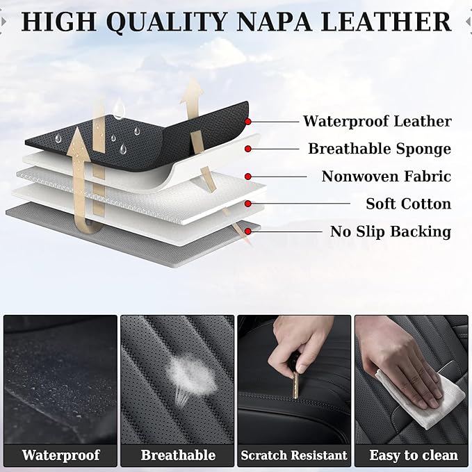 Coverado Car Seat Covers Full Set, Seat Covers for Cars, Black Car Seat Cover, Nappa Leather Car Seat Cushion, Car Seat Prote