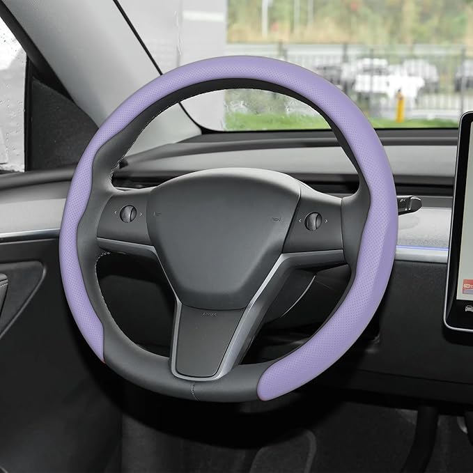 Frani Nappa Leather Steering Wheel Cover,Universal Fit 15 Inch-Premium Non-Slip Breathable Comfort Grip for Cars Trucks SUVs,Anti-Slip Durable Interior Upgrade Light Purple