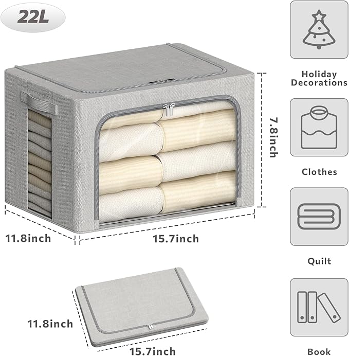 4 Pack Clothes Storage Bins with Metal Frame - 22L Stackable Storage Box with Lid，Foldable Storage Container Organizer for Cl