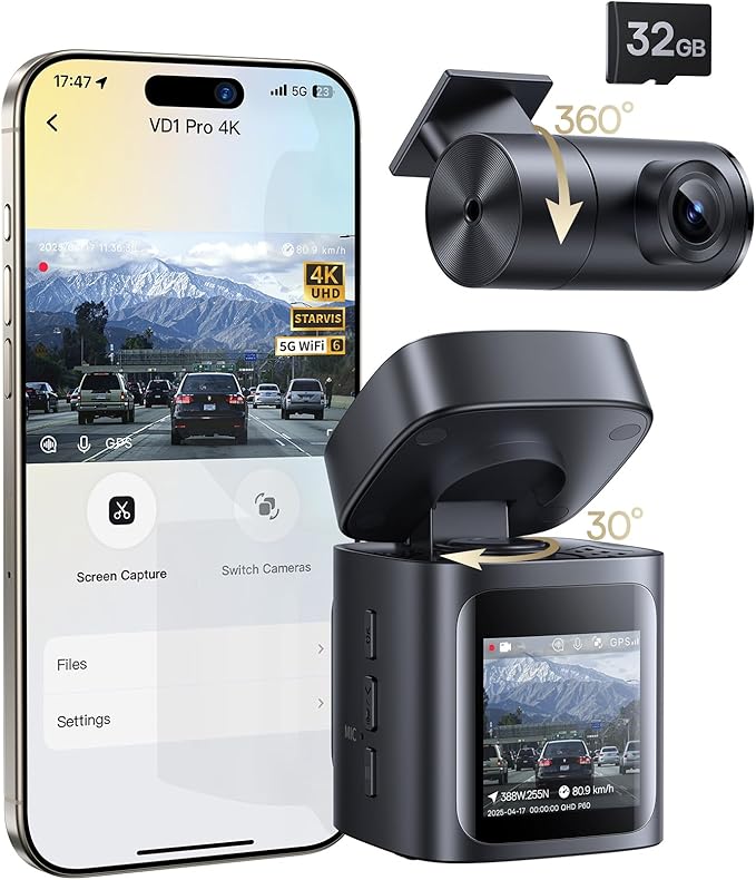 Baseus VD1 Pro Solar Dash Cam Front and Rear, 4K+1080P Dash Camera for Cars, Battery Powered Parking Mode, Starvis Night Visi