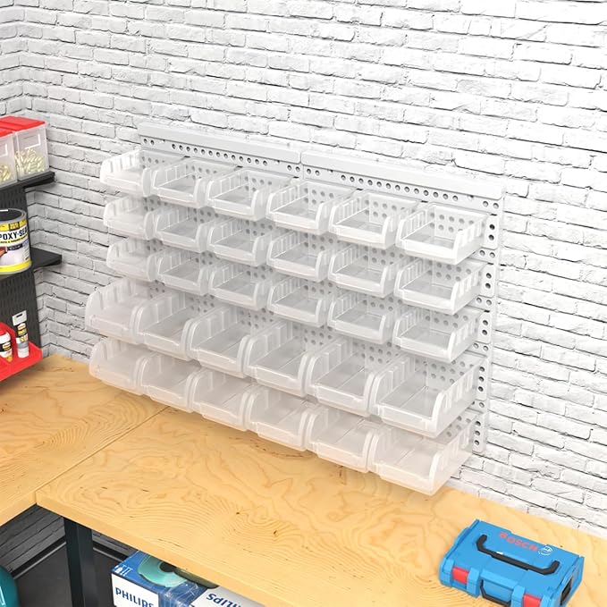 Transparent Garage Organizer Bins, 30PCS Wall Mounted Storage Small Parts Bins With White Pegboard to Store Nuts,Bolts, Screw