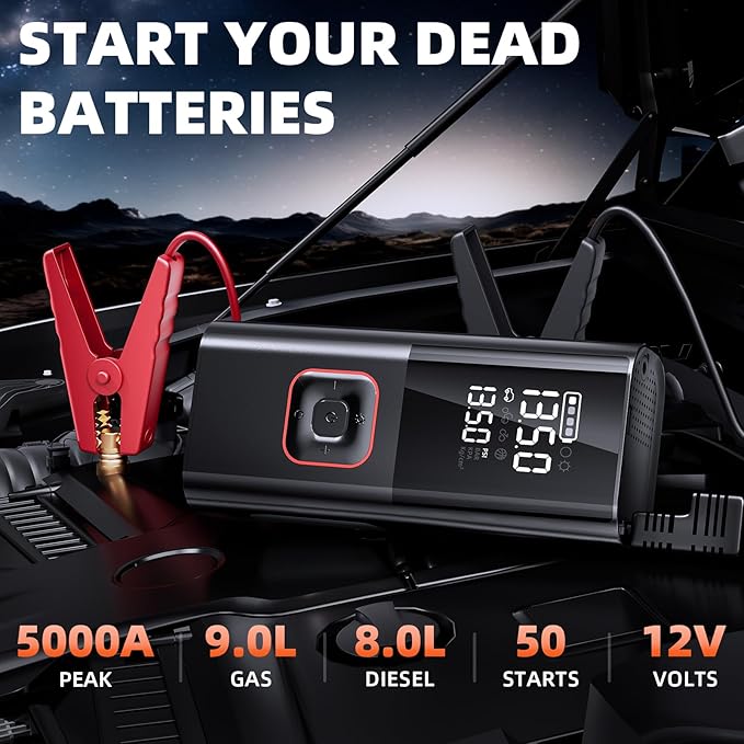 Jump Starter with Air Compressor, 5000A Battery Jumper Starter Portable (9L Gas/8L Diesel) with 160PSI Auto-Shutoff Tire